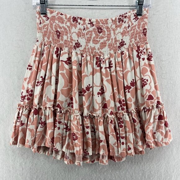 Carve Designs Dresses & Skirts - Carve Designs Mini Skirt Women's S Red Peach Floral Smocked Waist Tiered Pull On
